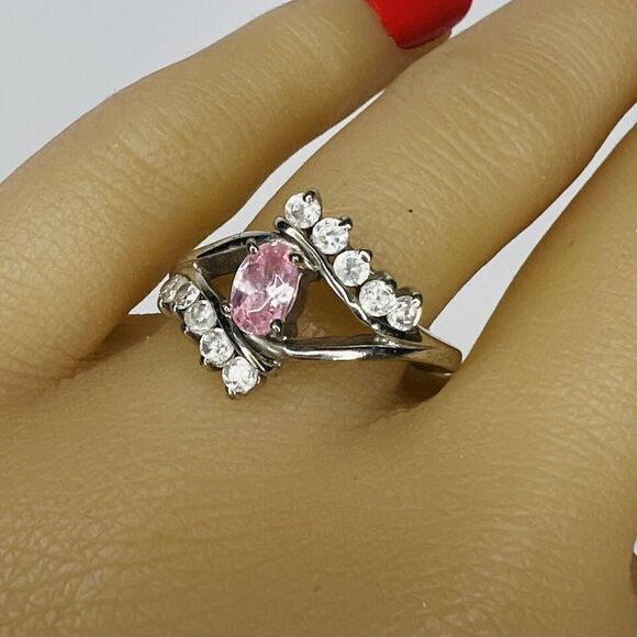 Vintage Ring Sz 8 Signed MB 925 Pink Clear Crystal Sterling Silver Princes 1020 - Picture 1 of 10